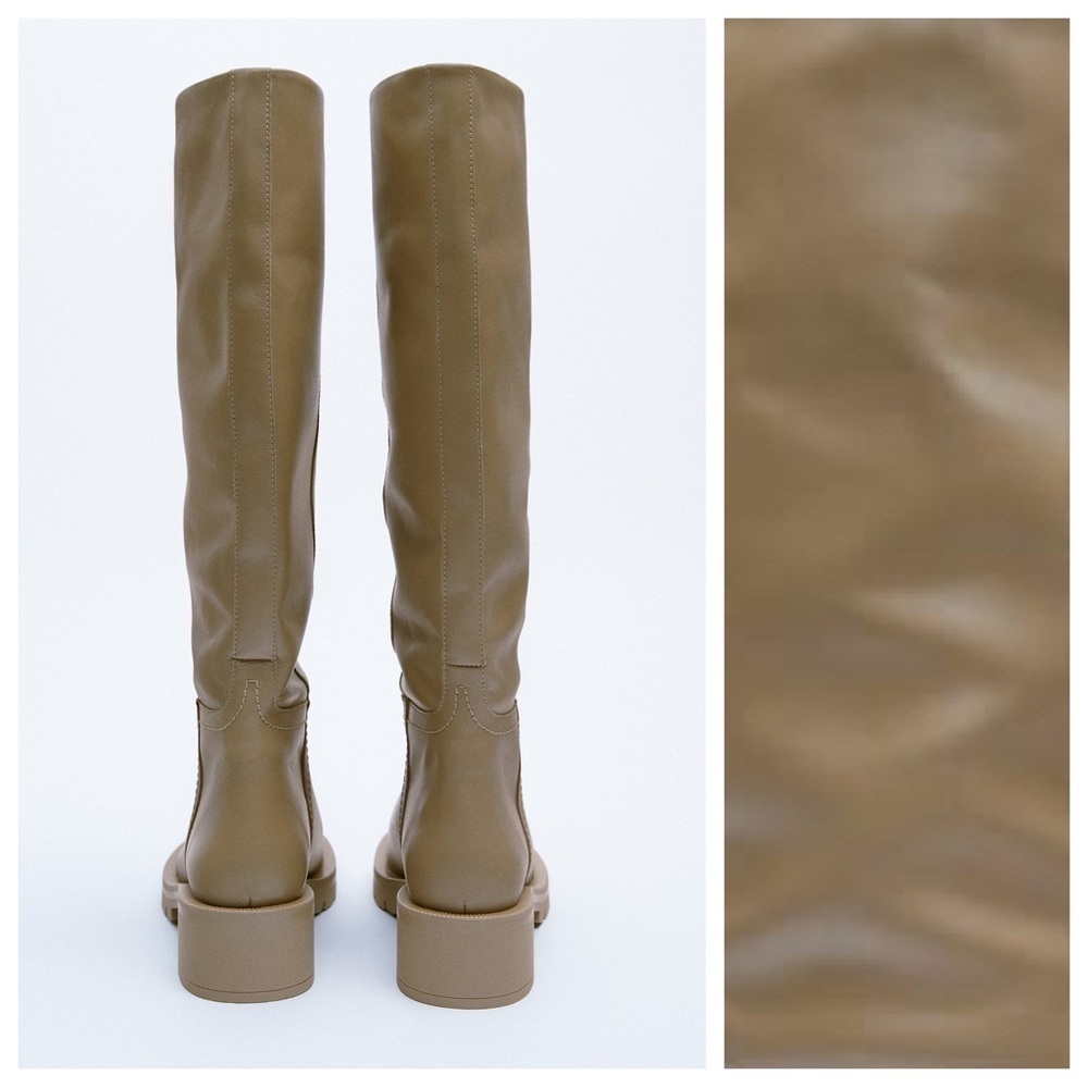 NWT. Zara Sand Brown Leather Low-Heel Knee High Boots with Topstitching. Size 8. - Picture 3 of 6